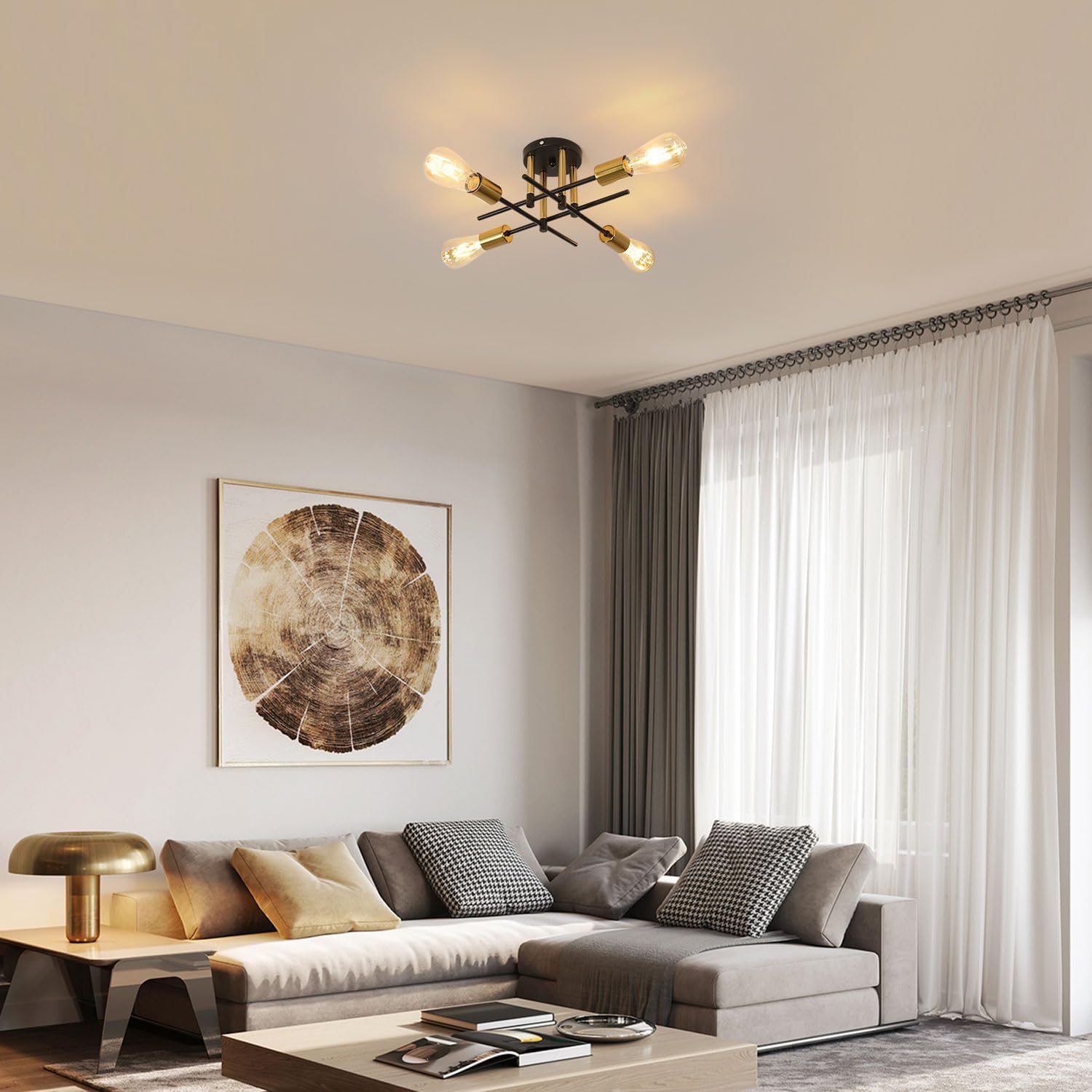 COMELY Lustre Plafonnier Industriel, 4 Lumières E27 Lampe de Plafond Retro Vintage en Metal, Retro Suspension Luminaire Doré pour Salon Salle à Manger - 6