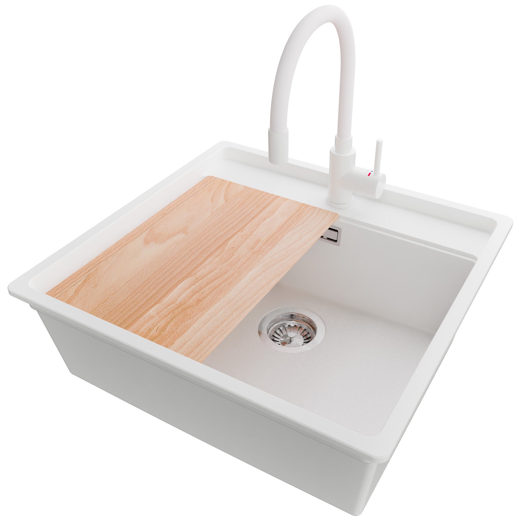 Zlewozmywak Granitowy Biały 56x53cm, Zlew Kuchenny 1 Komorowy + Bateria 38x14cm + Syfon + Deska, Nablatowy do szafki od 60cm - Bergen PRIMAGRAN