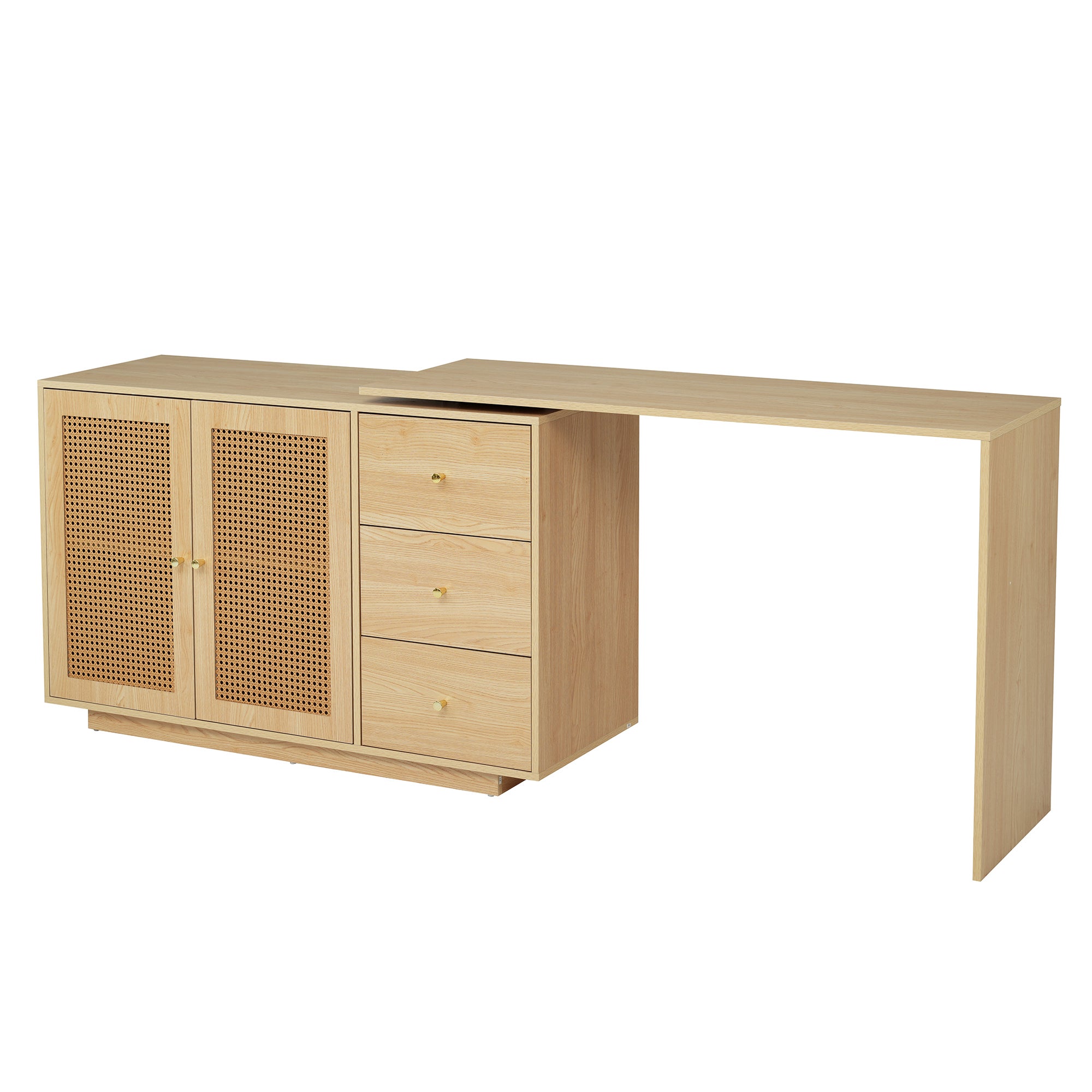 Bureau d'angle avec pivotant 360 degrés, portes en rotin, 3 tiroirs, MDF couleur naturelle - 6