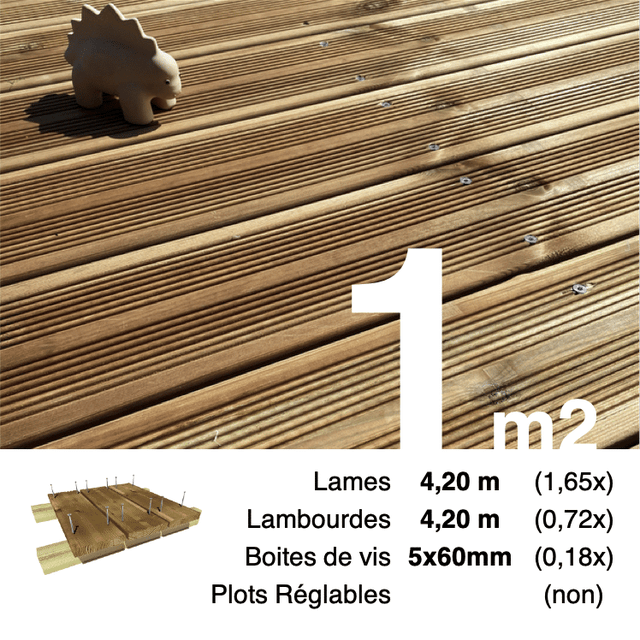 Kit terrasse Pin autoclave Marron pour 1 m² • Lames 4,2 m, lambourdes 4,2 m et visserie Inox