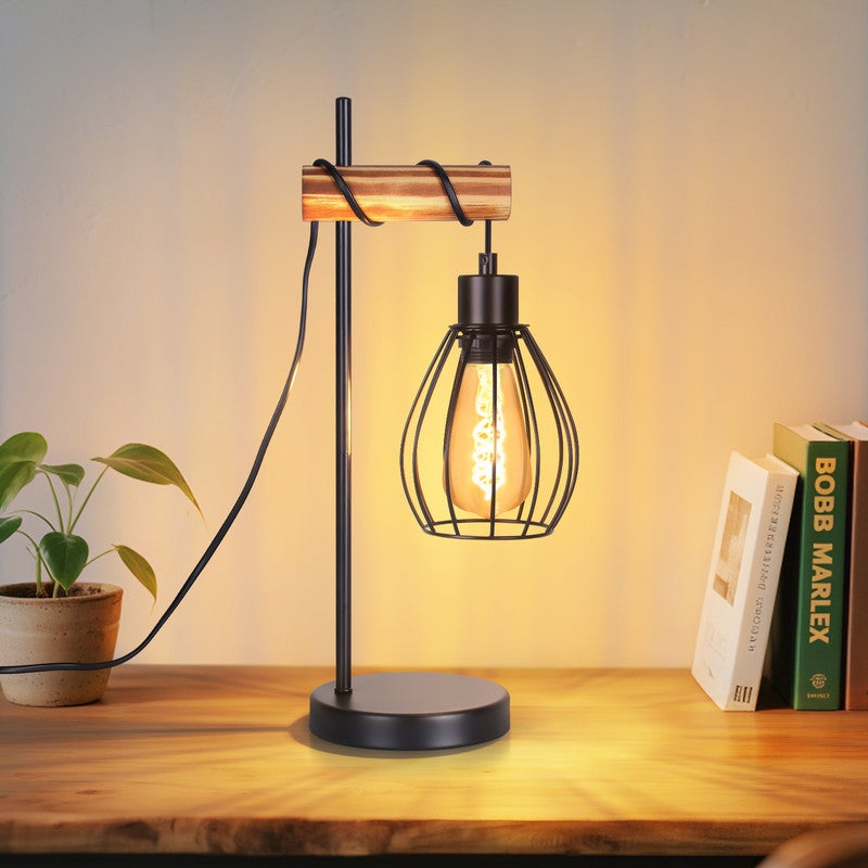 NETTLIFE Lampa stołowa do salonu, vintage, lampa stołowa, drewno: czarna, 1 żarówka, industrialny design, metalowa, gniazdo E27, bez żarówki
