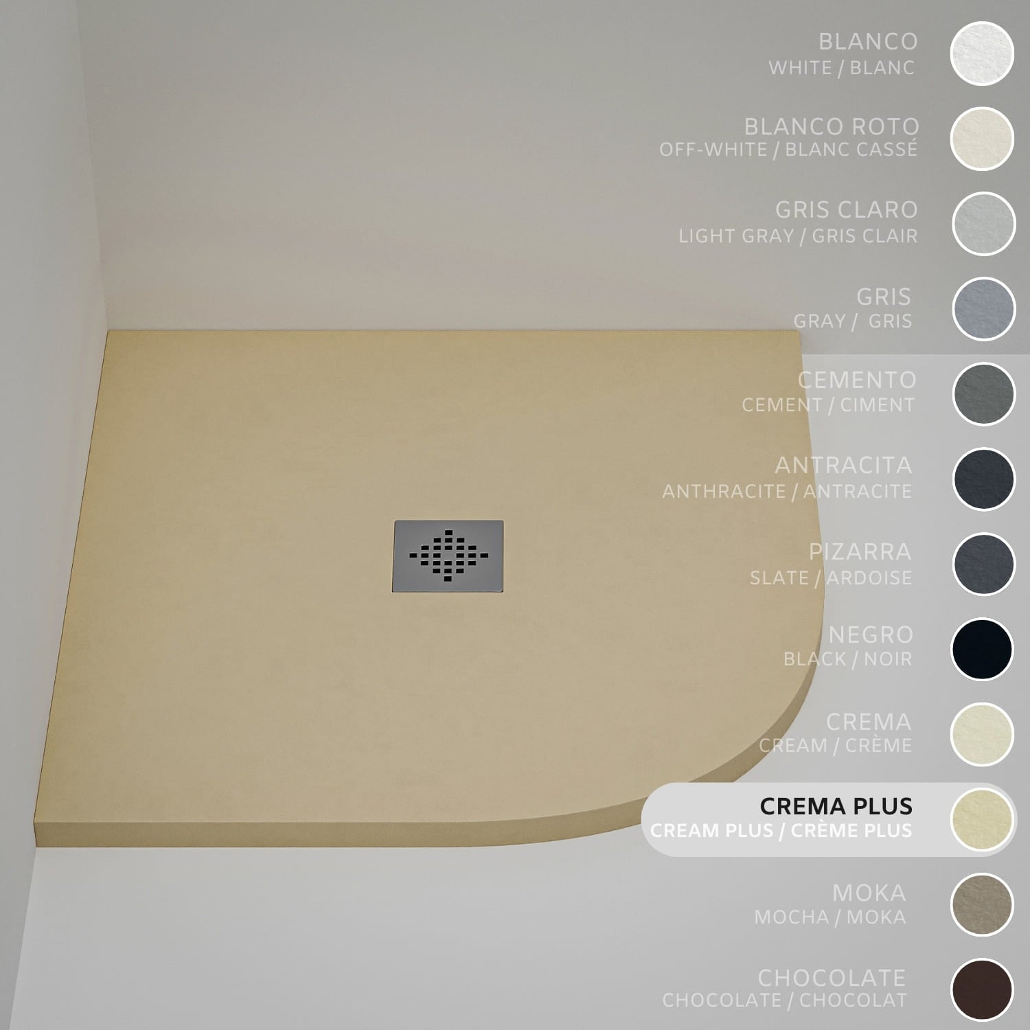 Brodzik półokrągły SOULHOME Żywica i Konglomerat Mineralny Antypoślizgowy 70x70 cm Intensywny Krem - Kratka Inox