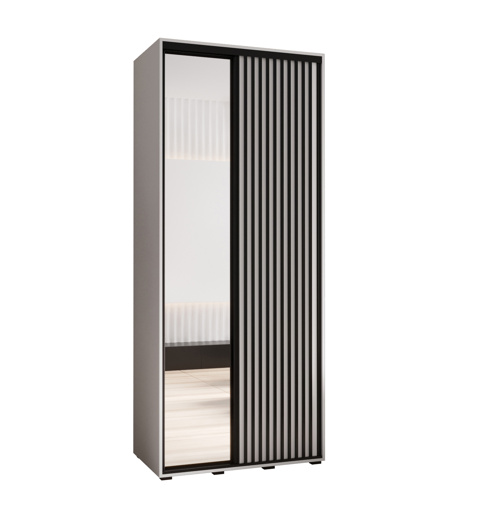 Szafa przesuwna z lustrem wysoka Lanko 2 110 x 60 x 235,2 cm biały + biały + lamele czarny - Abiks Meble