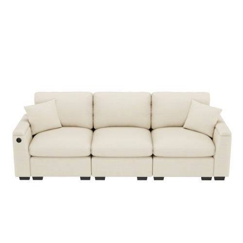Canapé droit 3 places avec 2 coussins, table pliante avec port USB, porte-gobelet et accoudoirs de rangement, en chenille, beige - 5