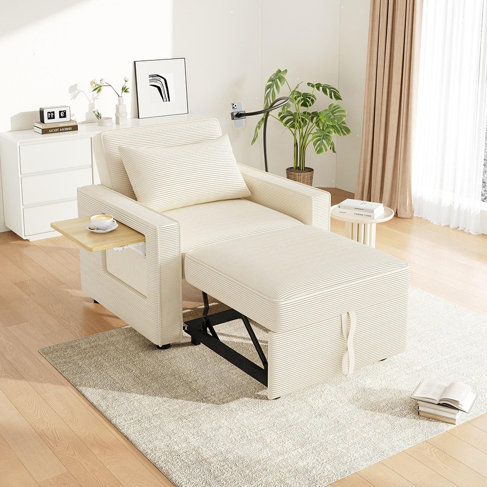 Canapé-lit 1 place USB velours côtelé pliable - beige pour salon/chambre - 6