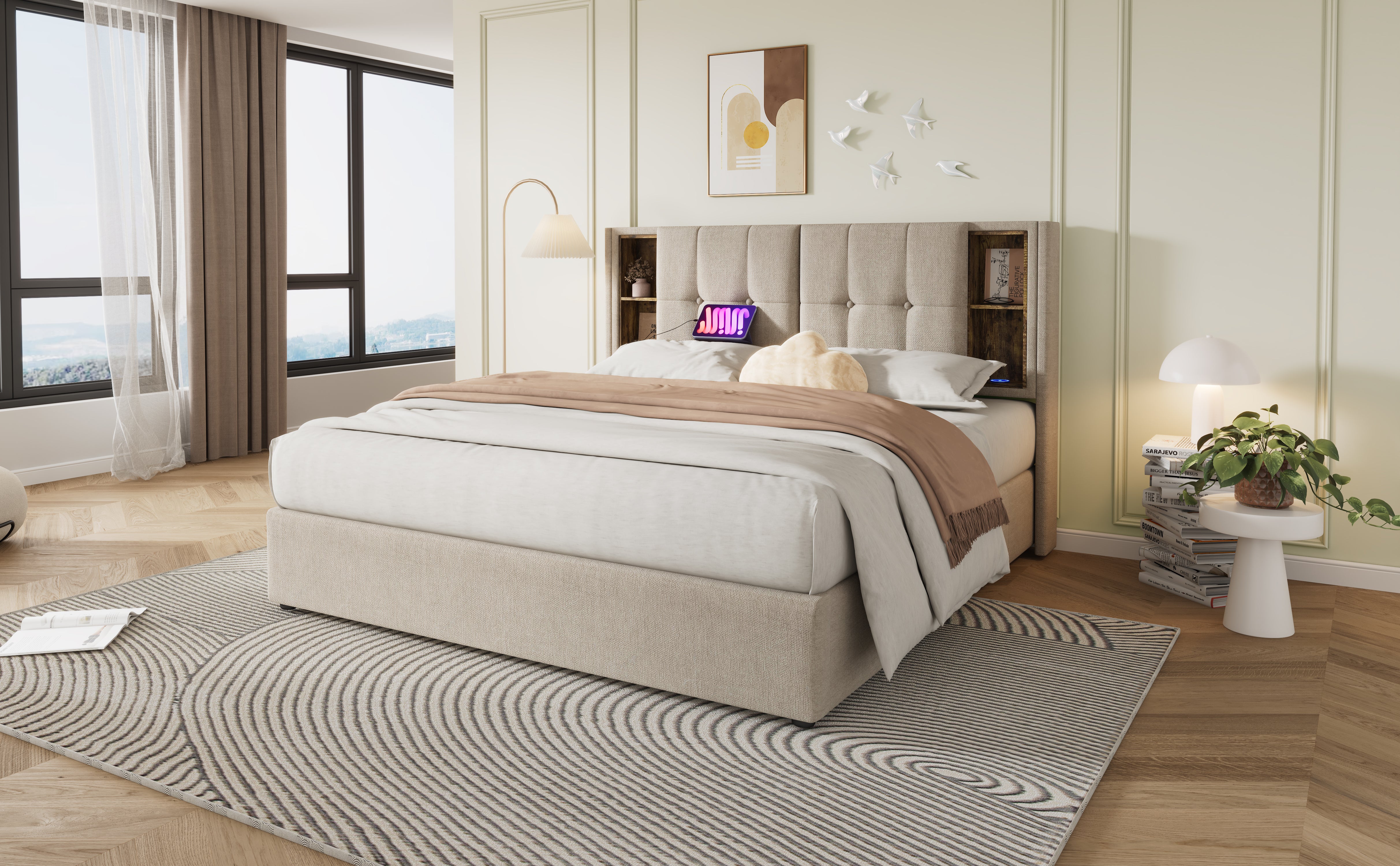 Lit coffre lit double 160x200 cm avec chargement USB - lin, coloris naturel (sans matelas) - 2
