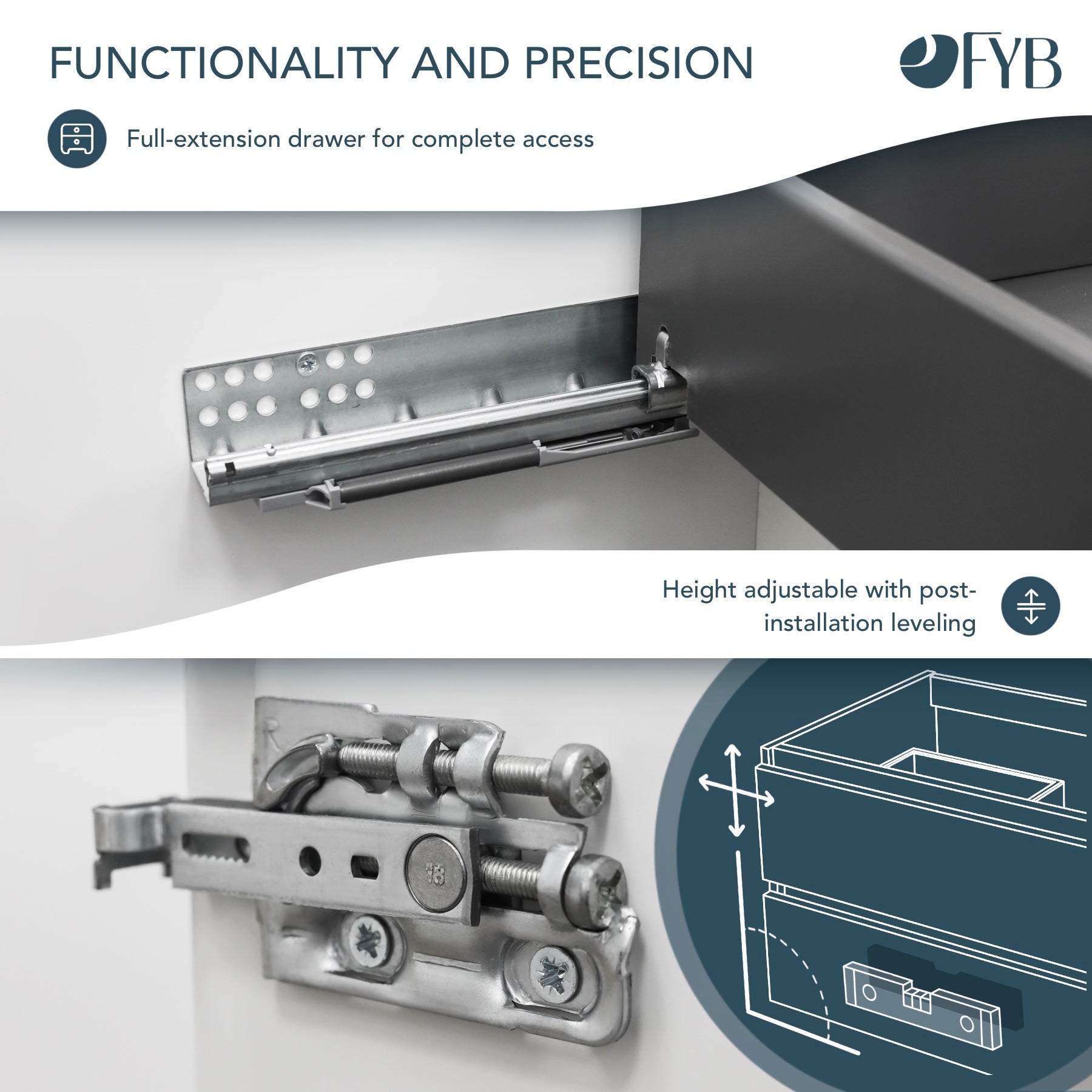 Feel Your Bath, Meuble de Salle de Bain PANTER Blanc 100 cm, 2 Tiroirs, Vasque Céramique Intégrée et Miroir Rond LED - 3