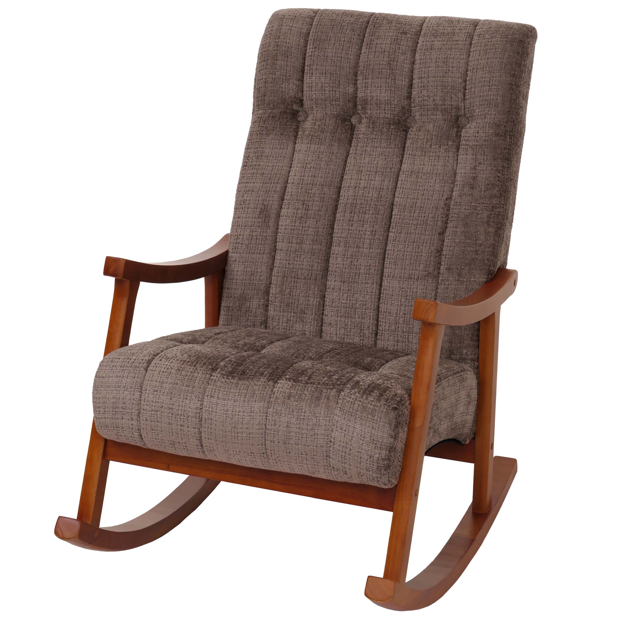 Silla mecedora hwc-k10, sillón relax, madera mvg, tela/tejido chenilla (465 g/m²) ~ marrón, estructura con acabado en nogal