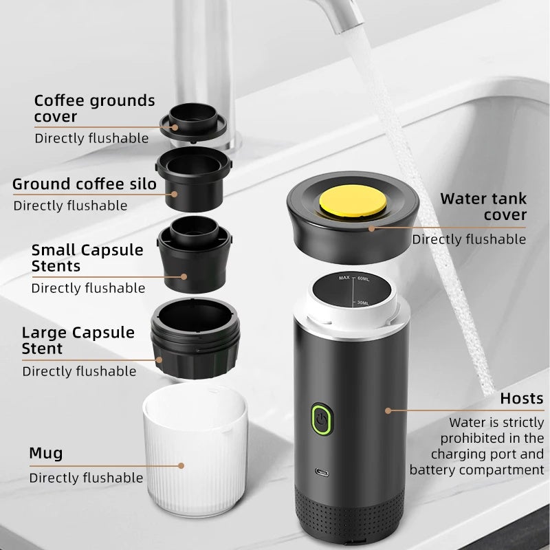 Cafetera portátil de viaje, recargable de 12 V para viajes, calentamiento rápido, compatible con cápsulas K-Cup y café molido, negra - 7