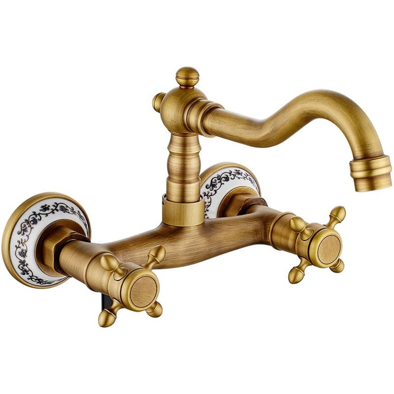 Wintage'owa bateria kuchenna ścienna z mosiądzu, obrotowa bateria wannowa 360°, opcjonalnie ciepła i zimna woda, brąz