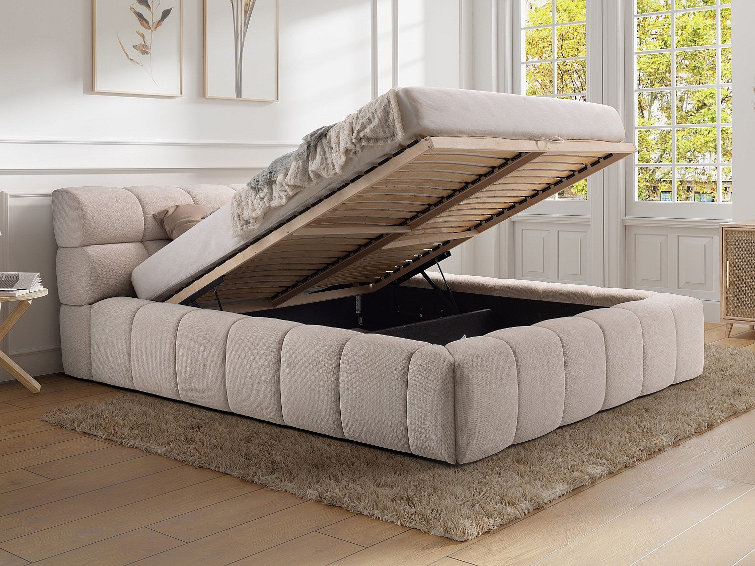 Cama com espaço de arrumação 180x200 cm tecido bege - FORVIK II de Pascal Morabito - 3