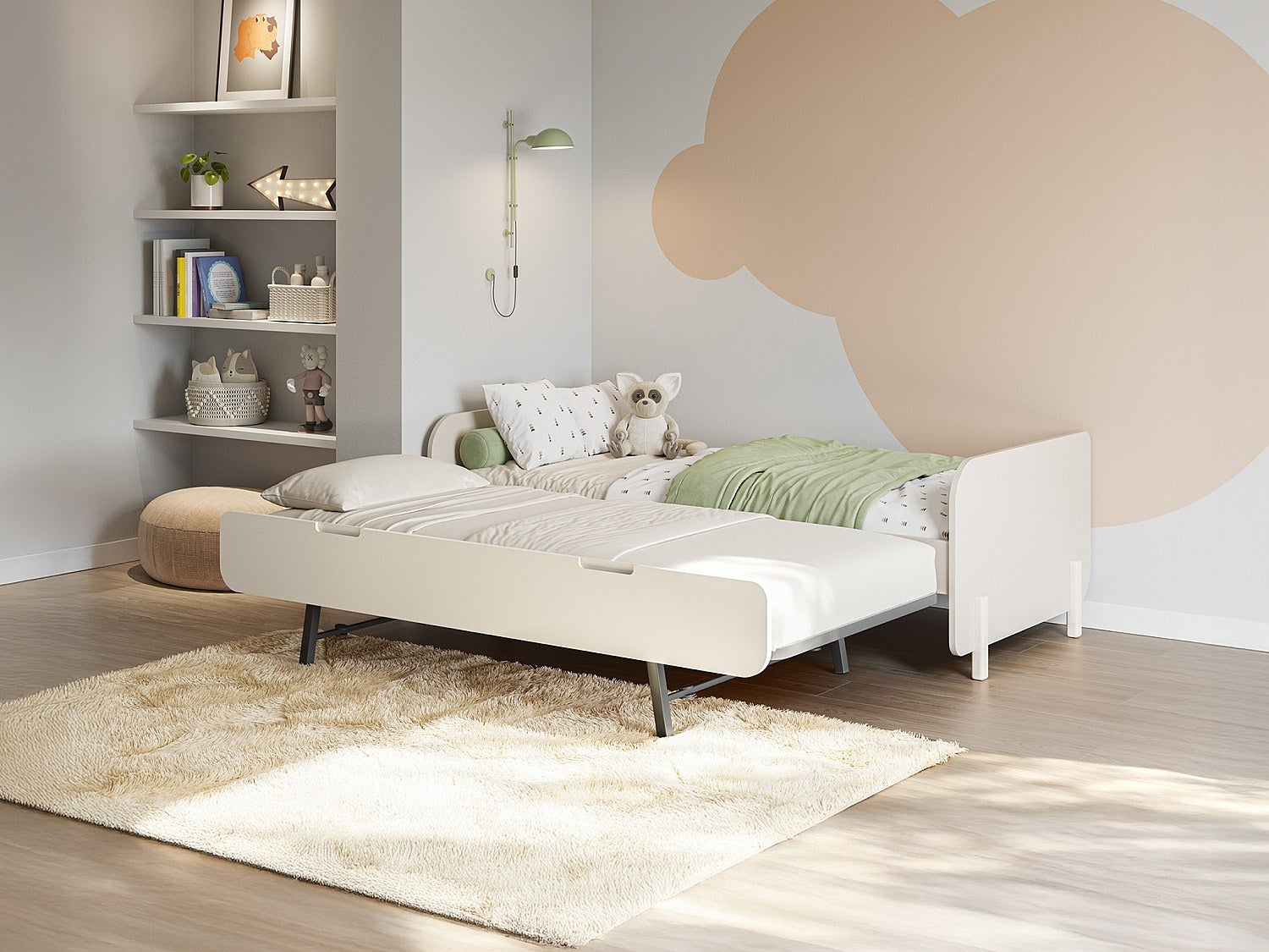 Łóżko wysuwane 2 x 90 x 190 cm - MDF i drewno sosnowe - Naturalny i beżowy + Materac - TALUDO