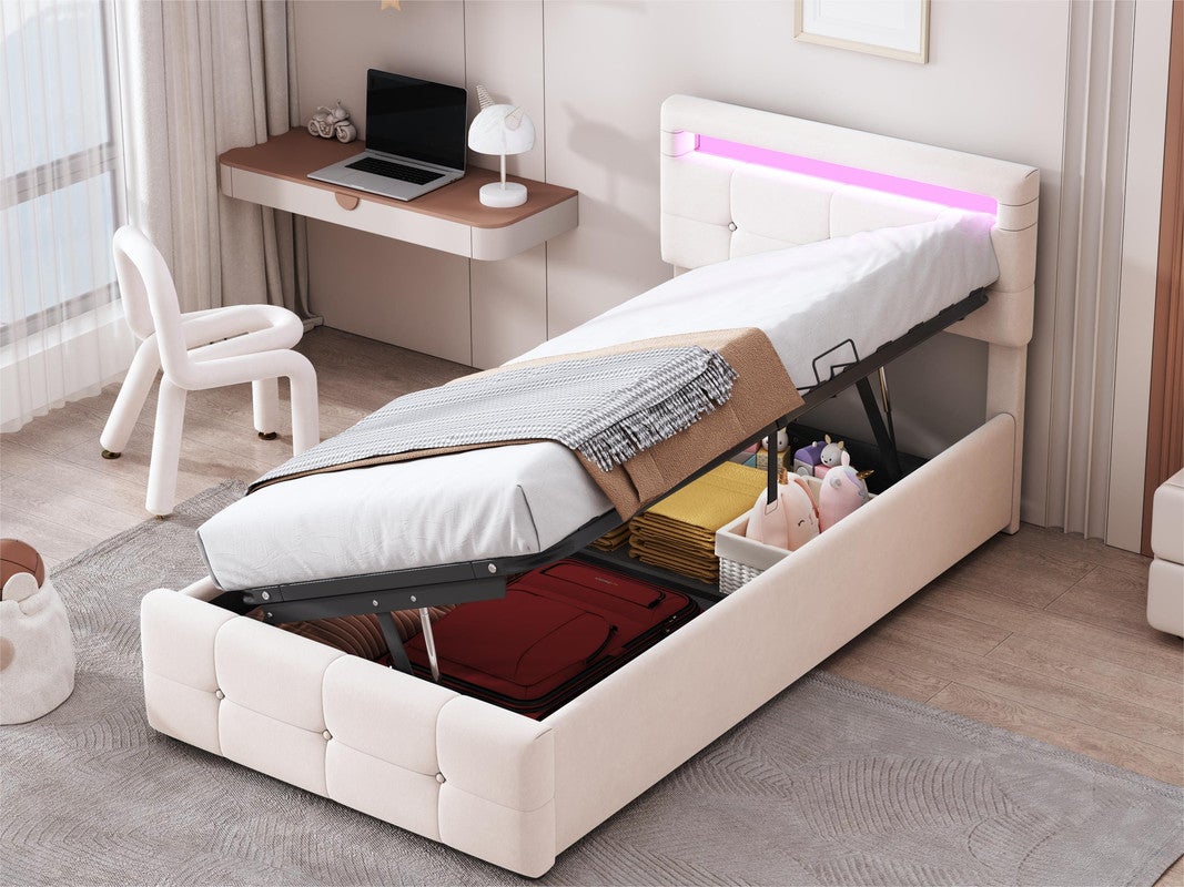 Łóżko skrzyniowe 90x200cm tapicerowane aksamitem - z diodami LED i podstawą z listew - Beżowy