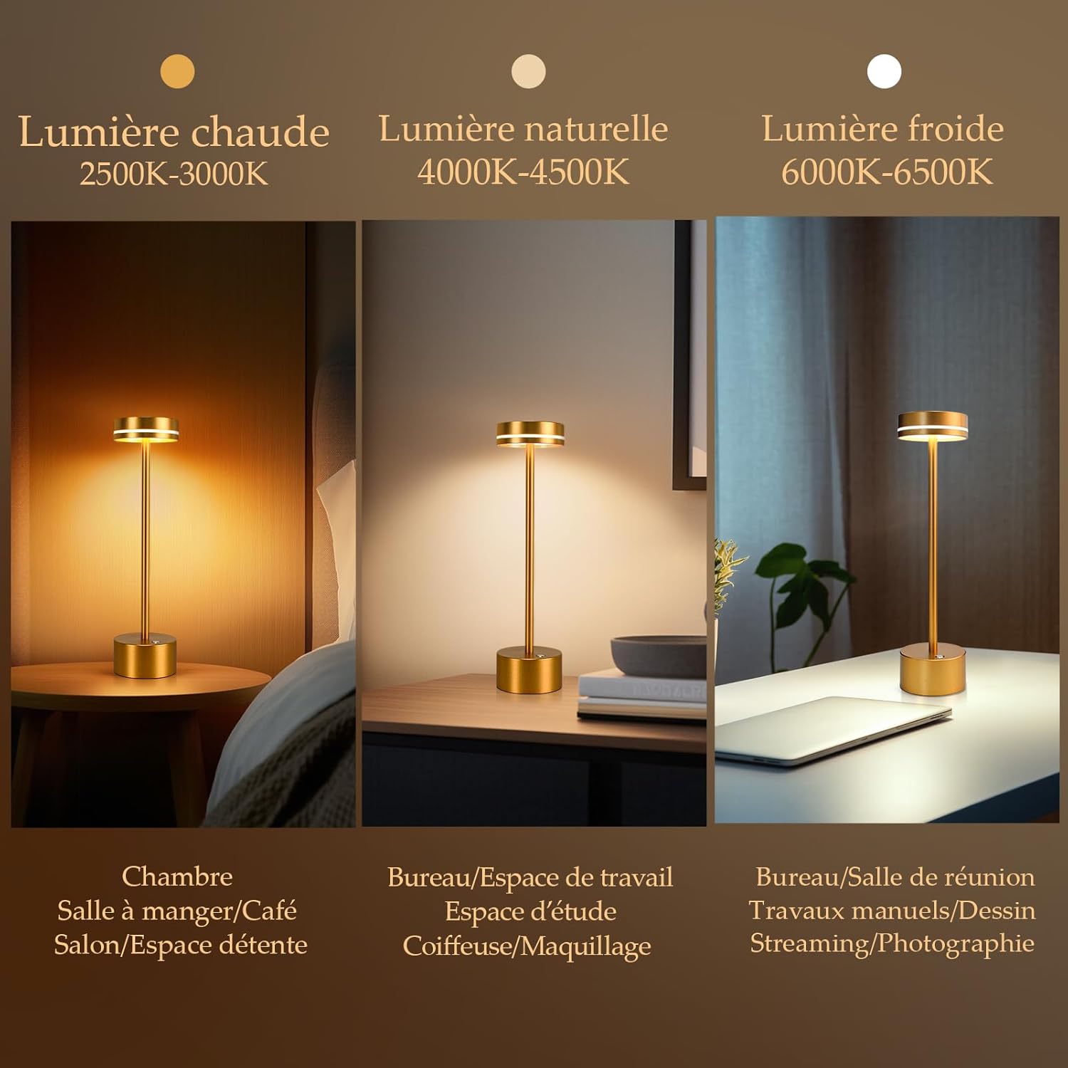 Bezprzewodowa i przenośna lampa stołowa LED, dotykowa i regulowana w 3 kolorach, nowoczesny design z metalową obudową do sypialni i tarasu - Złota - 3