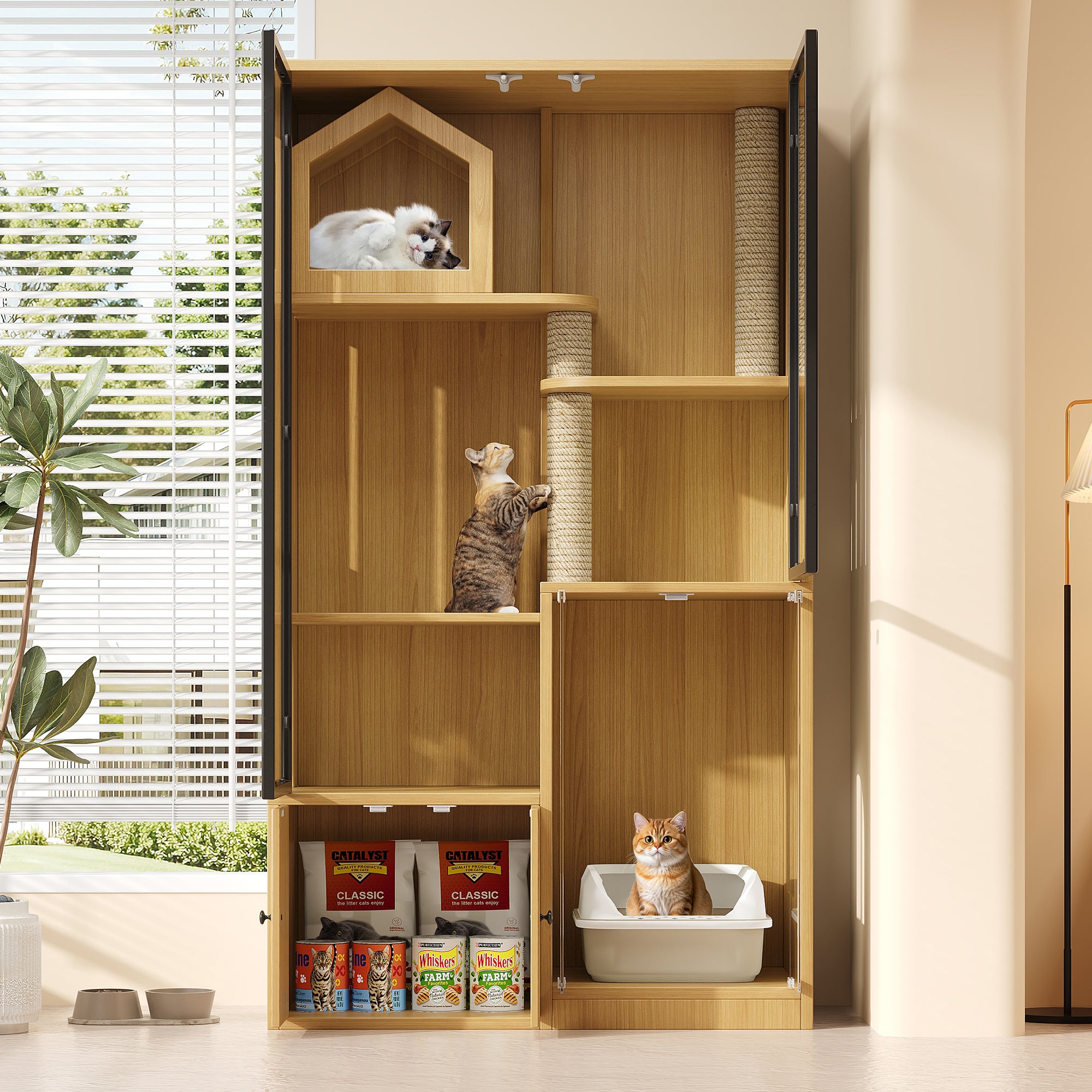 Cage pour chat 4 niveaux avec 4 portes et griffoir - 90 x 50 x 160 cm - MDF + verre - Couleur jaune - 4