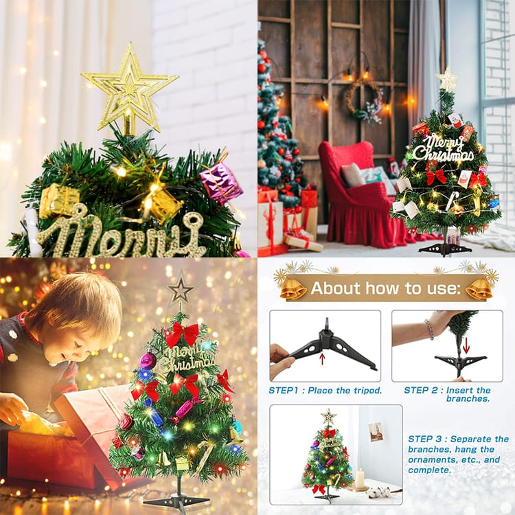 Choinka stołowa 60 cm - Miniaturowe sztuczne choinki z lampkami - Ozdoby i czubek choinki - Dekoracje świąteczne - 3