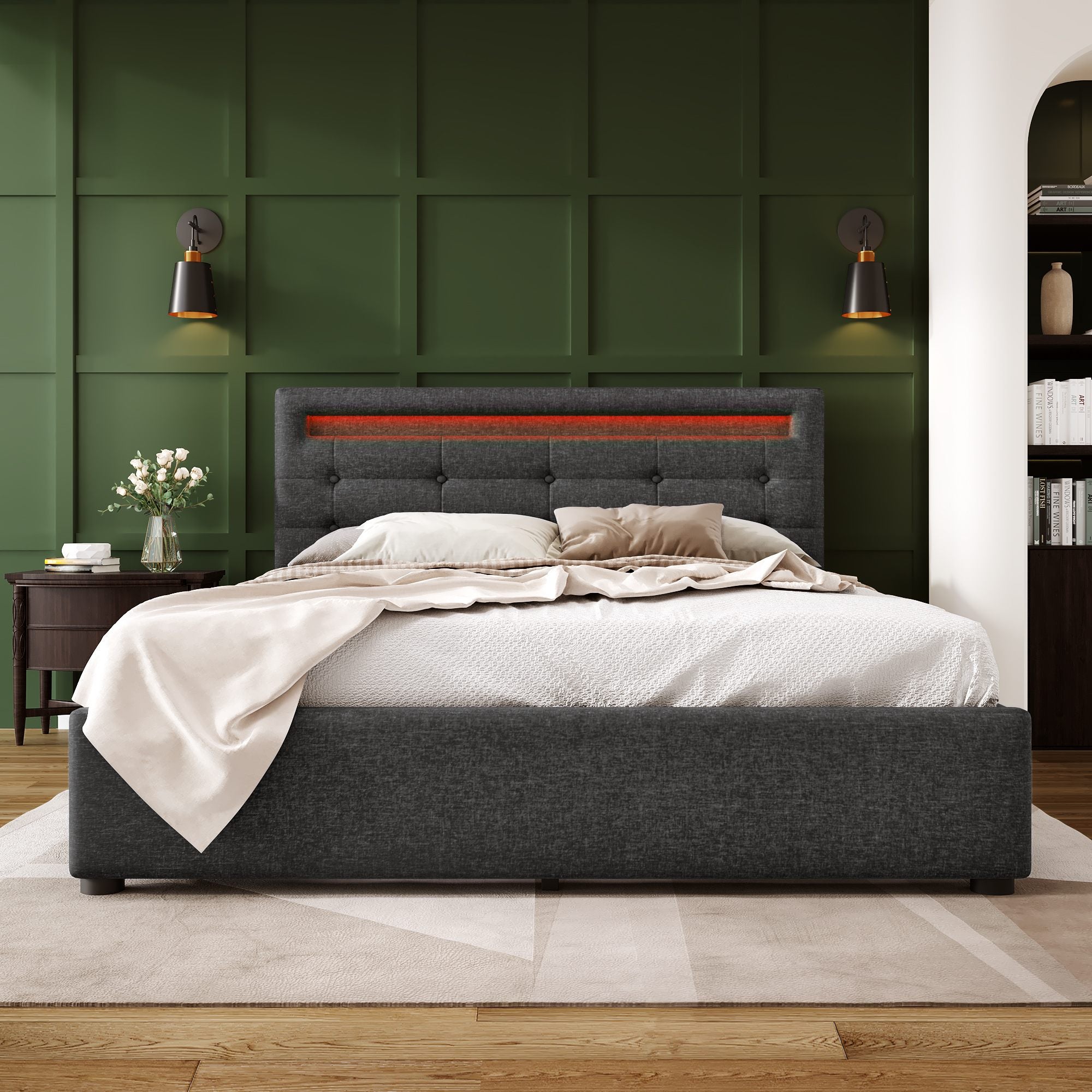 AOGLLATI Lit 2 Personnes 140x200cm avec LED et Multiprise, Cadre de Lit 140x200 avec Sommier à Latte et Tête de Lit Rembourrée Beige Velours (140 x 200 cm