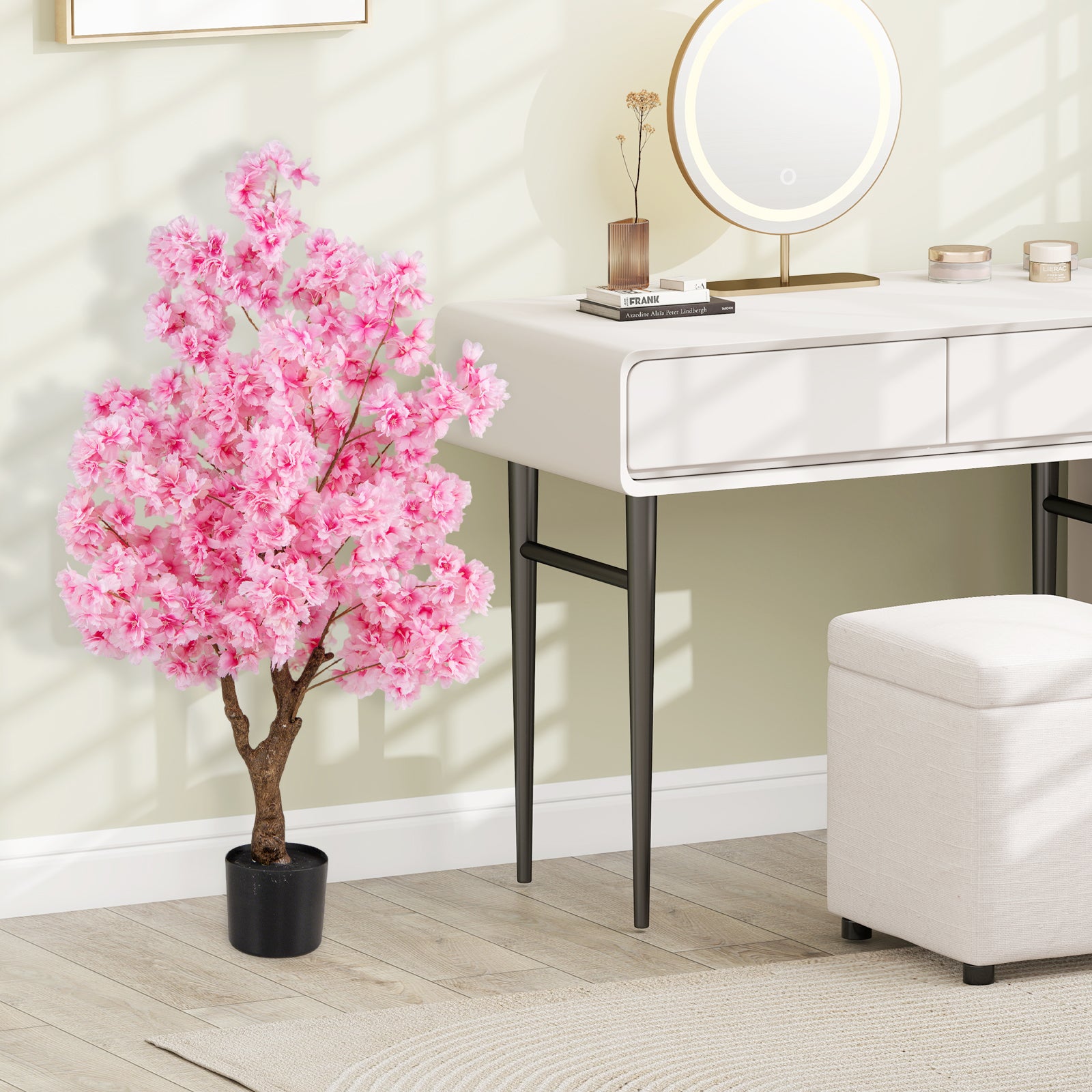 Plante Artificielle en Pot Remplies de Ciment 120CM, Fausse Cerisier avec 900 Fleurs Roses Tronc en Polyéthylène Multi-Branches, pour Salon Balcon - 3