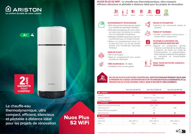 Chauffe-eau thermodynamique connecté Nuos Plus S2 Wifi 80L - ARISTON - 3629145