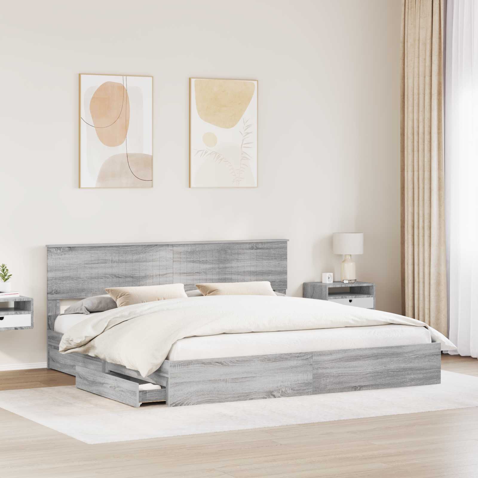 Lit avec rangement, panneau de bois, gris, pour la chambre, 200 × 200 cm - 3