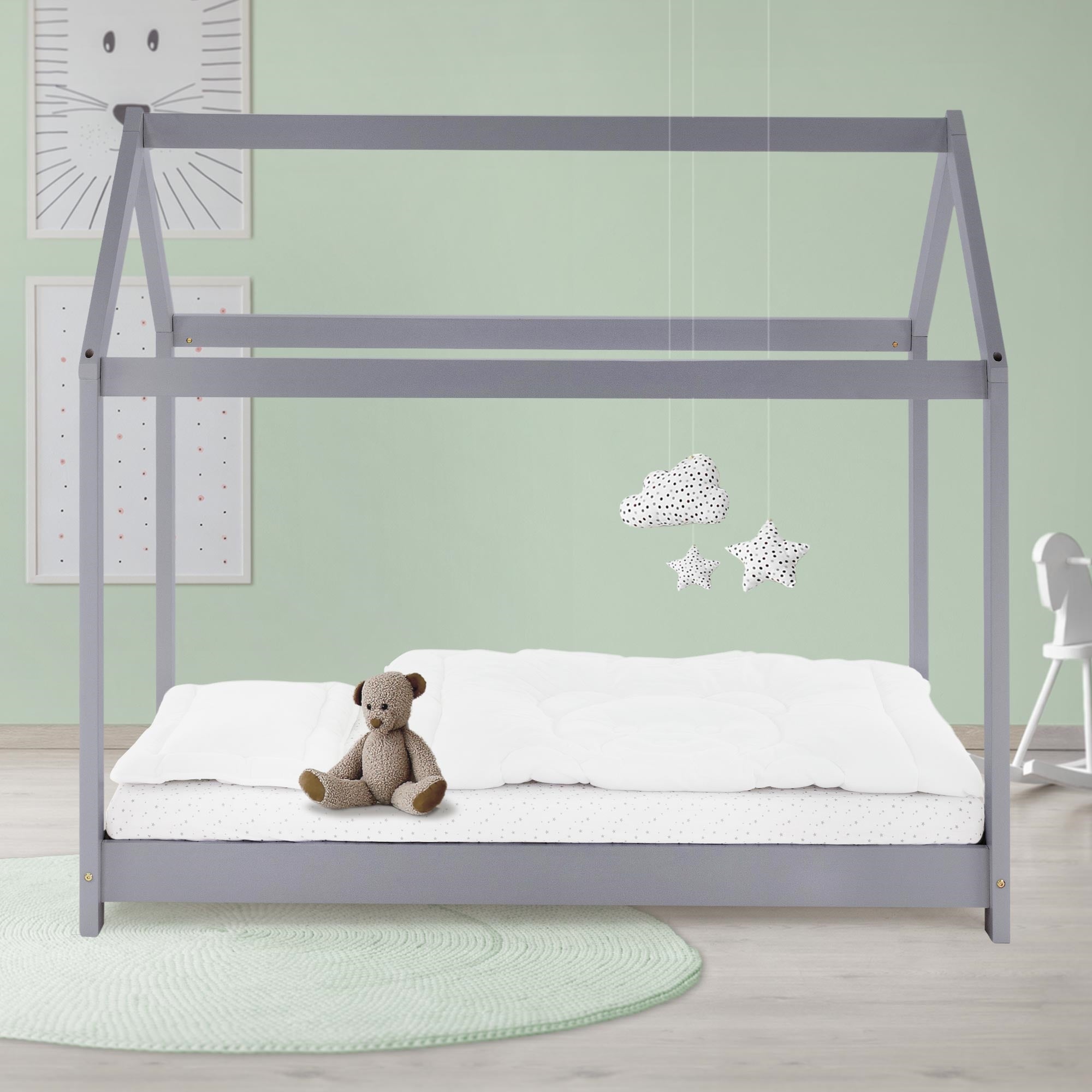 ML-Design łóżko domek 80x160 cm jasnoszare z dachem i stelażem listwowym z litego drewna sosnowego stabilne łóżko dziecięce dla chłopców i dziewczynek