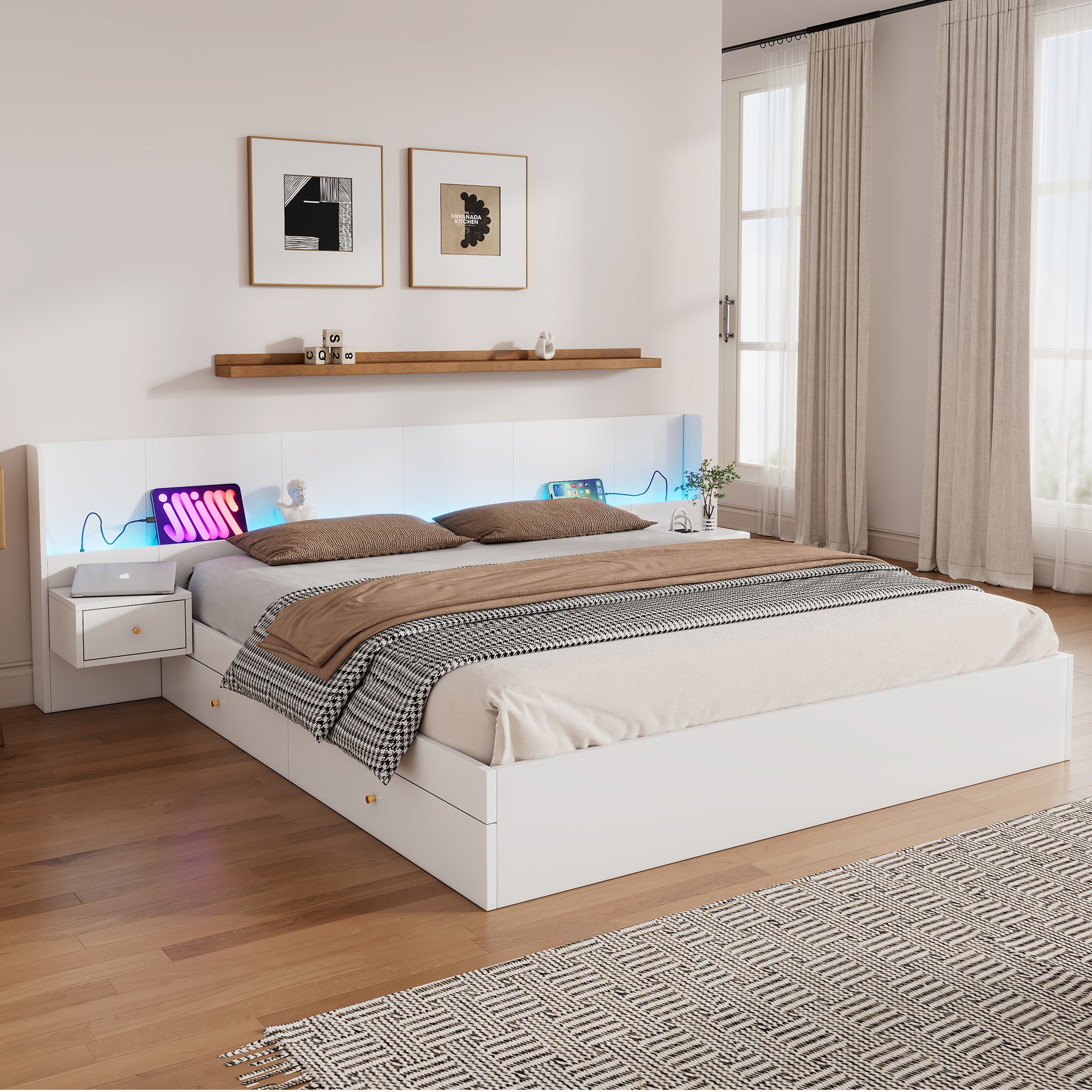 Łóżko małżeńskie 180 x 200 cm z 2 szafkami nocnymi i 2 szufladami - gniazda USB i diody LED - płyta MDF - kolor biały (bez materaca)