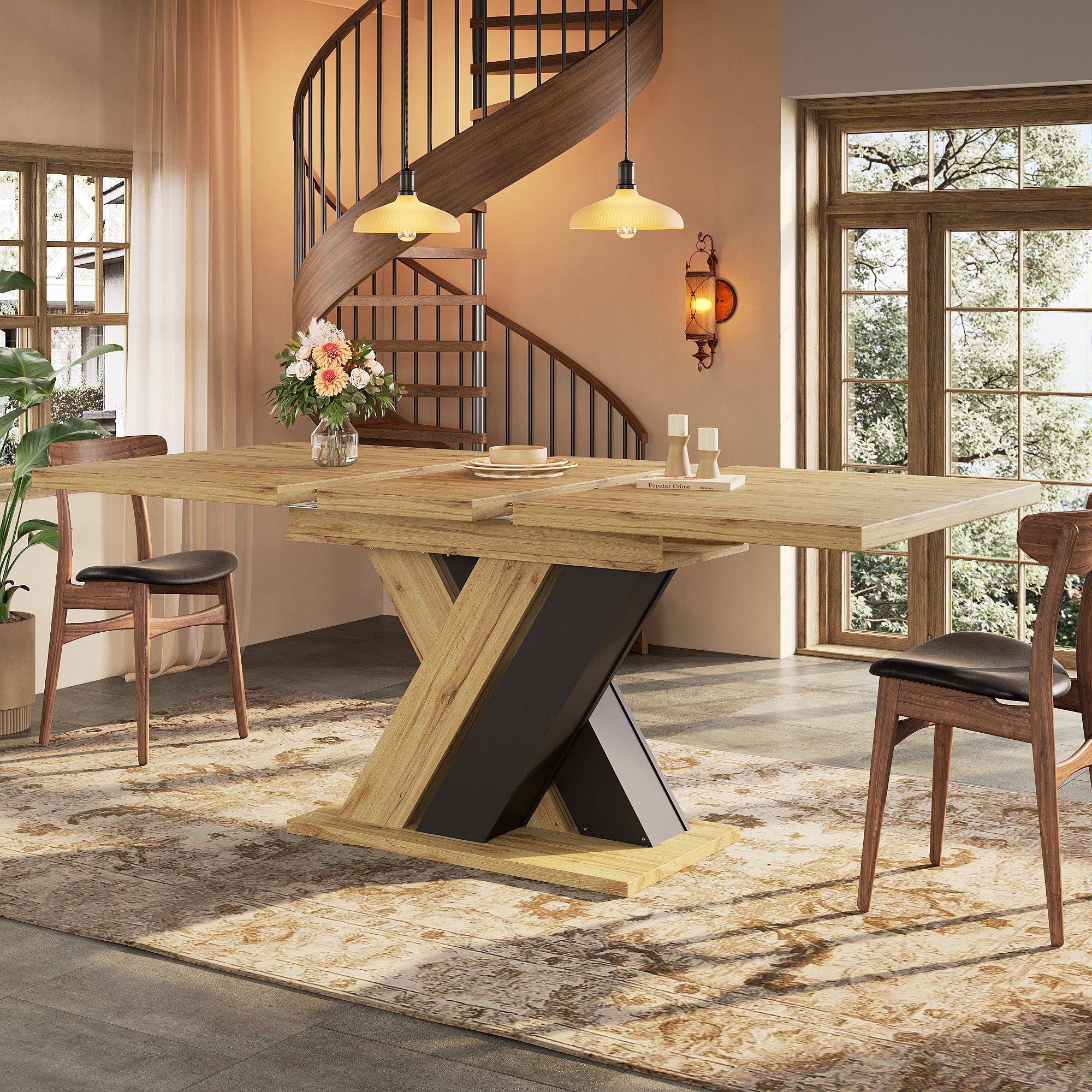 Table de Cuisine Extensible (119-158,5×80×75 cm), avec Pieds en X, Compartiments de Rangement intégrés, Table de Manger Extensible,Naturelle + Noir - 7