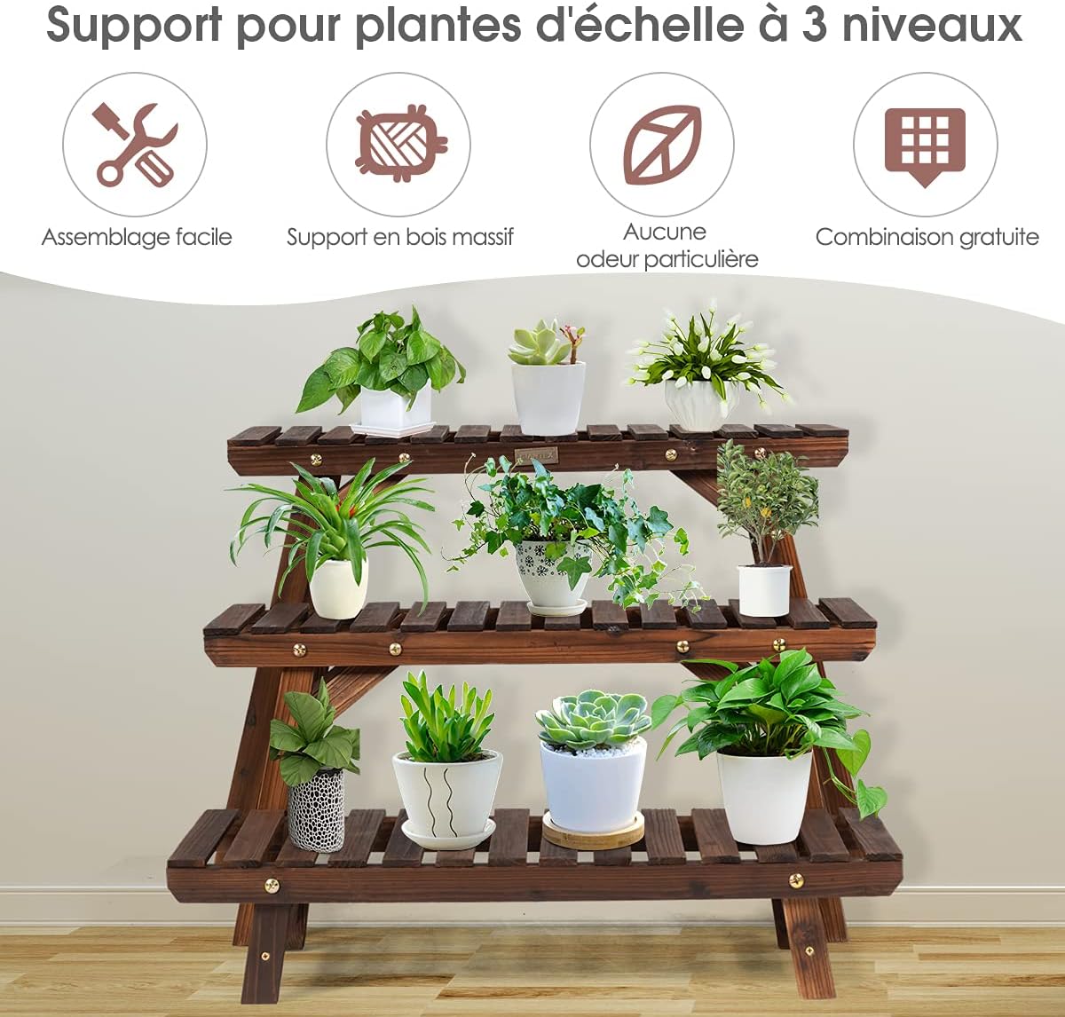 Étagère pour plantes en bois 3 niveaux echelle escalier porte-plante longueur 70cm charge 10kg - 8