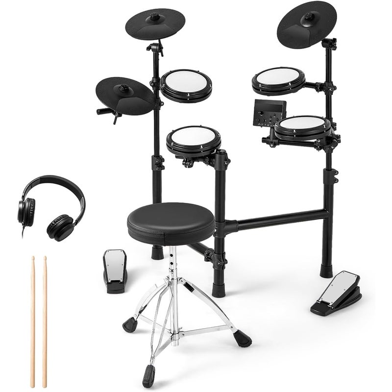 Kompletny, Składany Zestaw Perkusji z 150 Dźwigniami, Padami z Siatki, Talerzami, USB Midi, 2 Przyciskami, 2 Pałkami, Regulowanym Siedziskiem