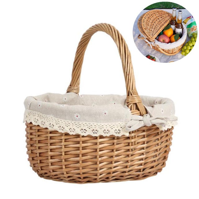 QWINERN Panier de pique-nique tissé à la main,style vintage,avec doublure amovible,idéal pour les pique-niques,le camping et la cueillette de légumes
