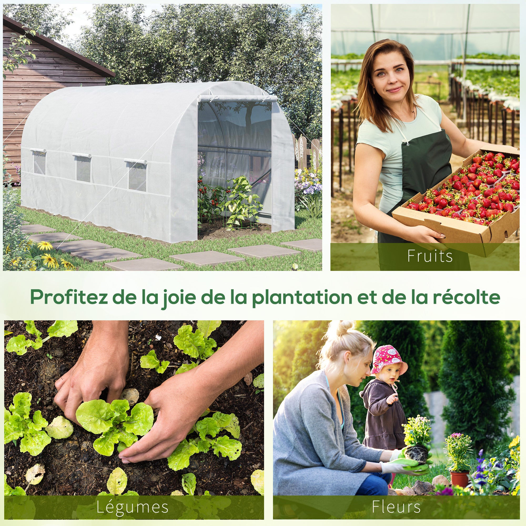 Serre de Jardin Tunnel Surface Sol 9 m² 4,45L x 2l x 2H m châssis Tubulaire renforcé 18 mm 6 fenêtres Blanc - 8