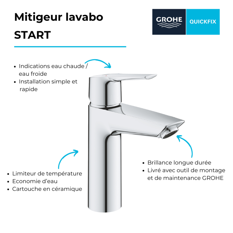 Mitigeur lavabo GROHE Quickfix Start 2021 avec vidage Push-Open taille M chromé - 3