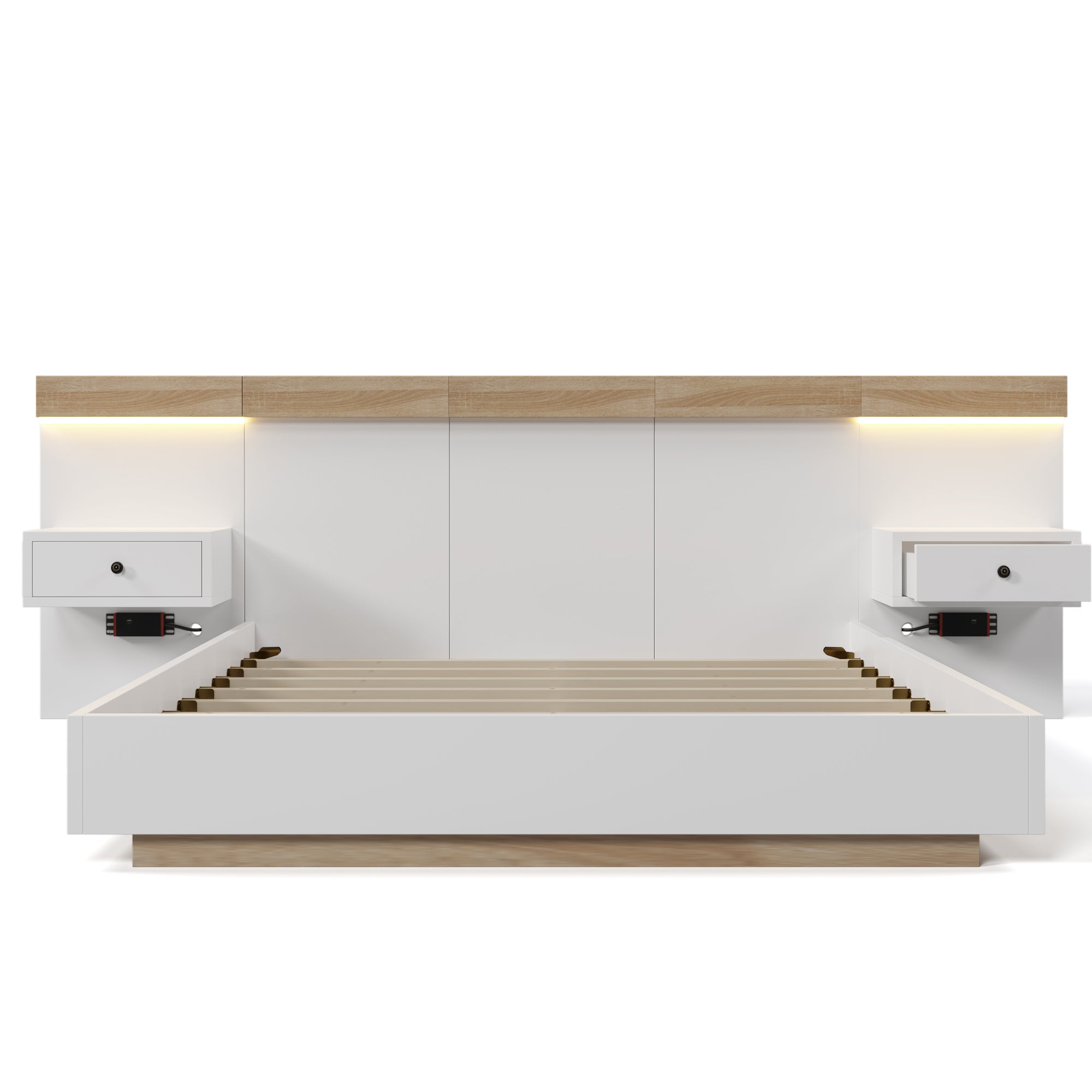 Łóżko dwuosobowe 140x200 cm z drewna z zawieszanymi szafkami nocnymi + LED i portami USB + stelaż na listwy - Białe - 7