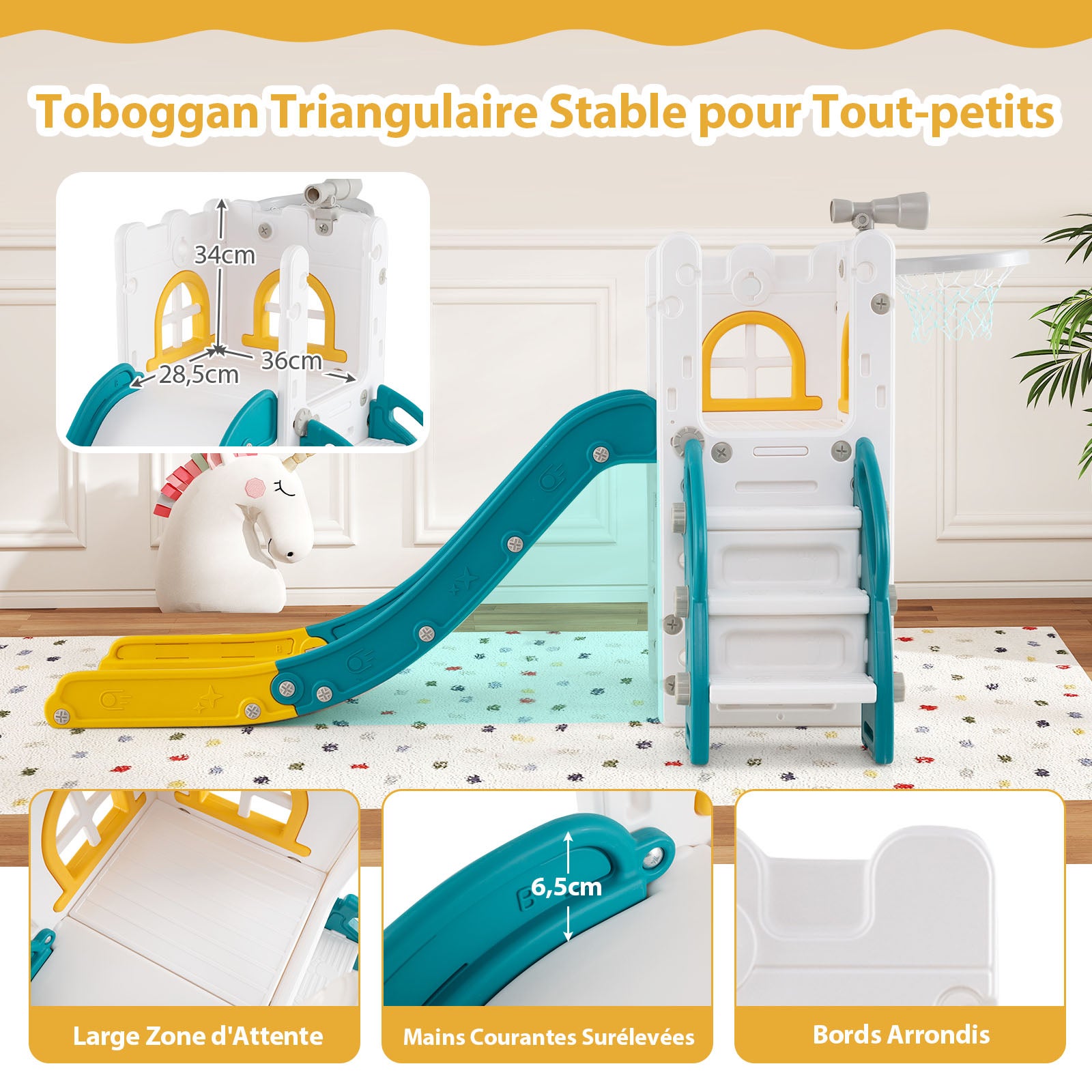 6 en 1 Toboggan Enfant en HDPE avec Panier de Basket & Télescope, Aire de Jeux Intérieure avec Échelle & Espace de Rangement, Jaune+Vert, pour 1 Ans+ - 9