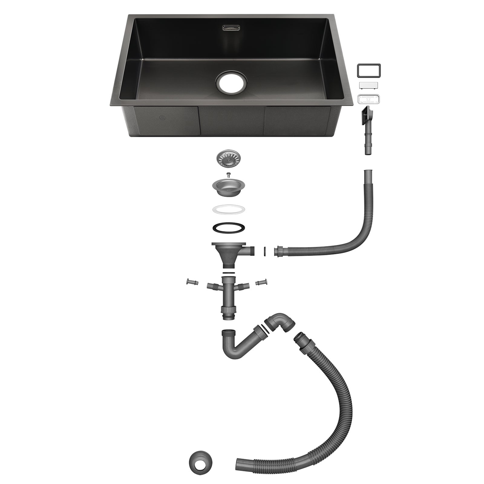 Lonheo Max Lavello Cucina 1 Vassoio 74*44*20CM, in Acciaio Inox Spazzolato con Sifone e Troppo pienon, Nero,Modello UE - 6
