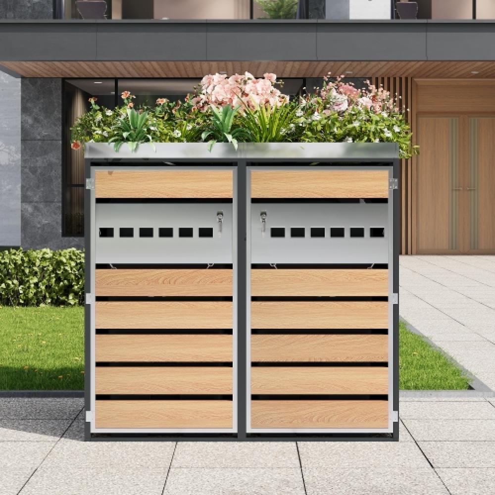 Contenedor con techo vegetal – para 2 cubos (120-240l), armario y cubierta para basura.