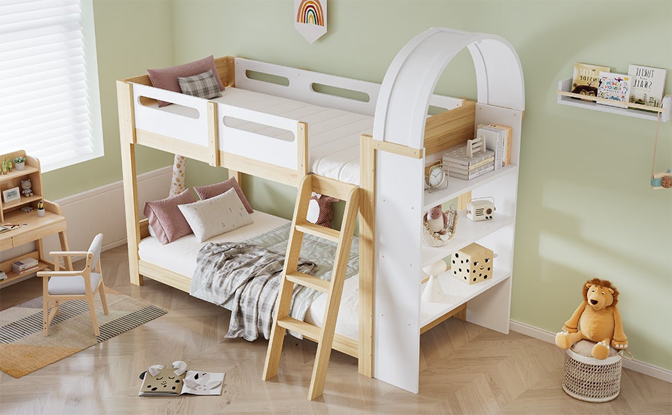 Łóżka piętrowe 2 x 90 x 200 cm z 3-poziomową półką - Sosna + MDF + sklejka - Białe + naturalne (Materace nie są wliczone w cenę) - 8