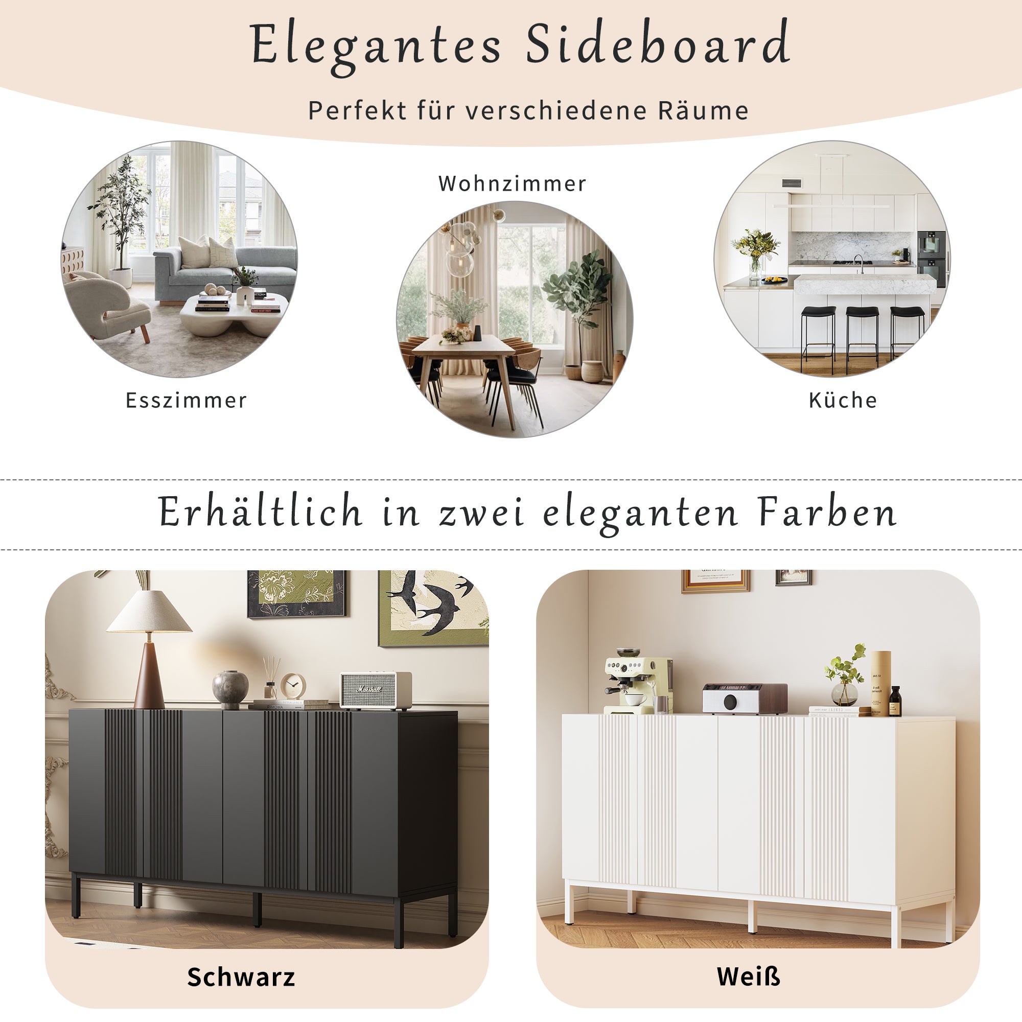 Buffet moderne aux lignes uniques, 4 portes sans poignées, pour salle à manger, salon et cuisine (Noir) - 6