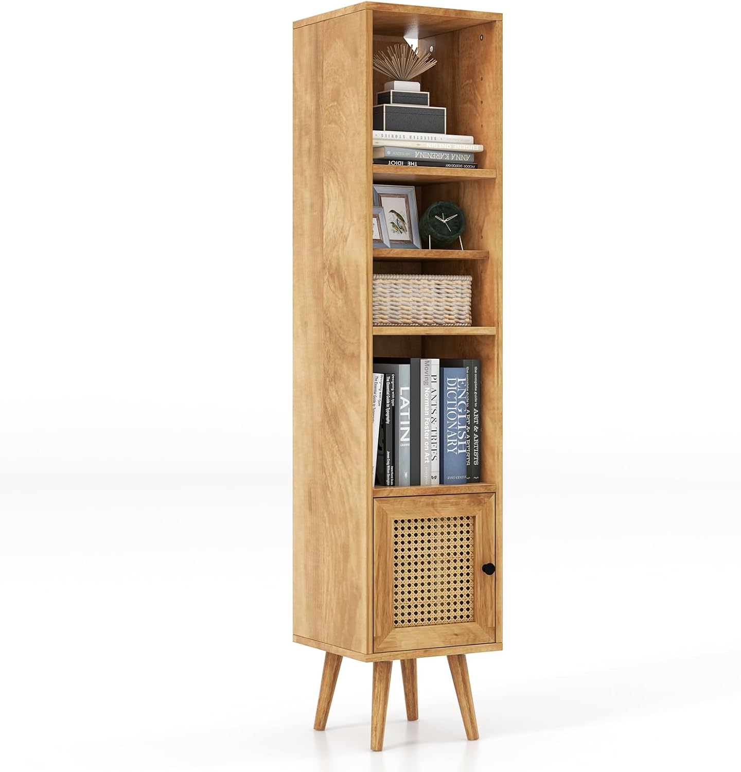 Szafka do Przechowywania w Stylu Skandynawskim, 30 × 30 × 137 cm, Drzwi z Rattanu i Regulowany Regał, Biblioteczka na Nóżkach, Naturalna