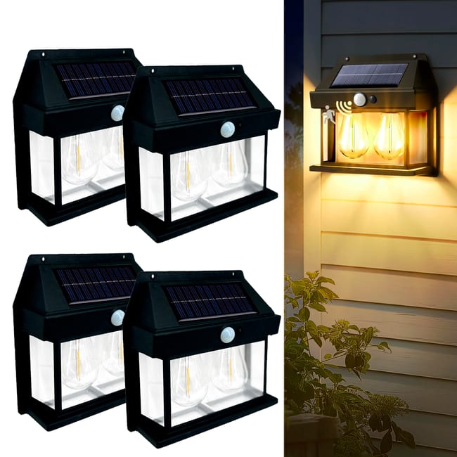 Podwójna Żarówka Ścienna Solarna Lampa 4 szt. 3 Tryby Czujnik Ruchu Zewnętrzna Wodoodporna Czarna