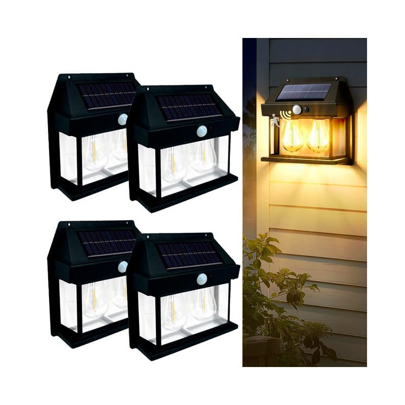Podwójna Żarówka Ścienna Solarna Lampa 4 szt. 3 Tryby Czujnik Ruchu Zewnętrzna Wodoodporna Czarna