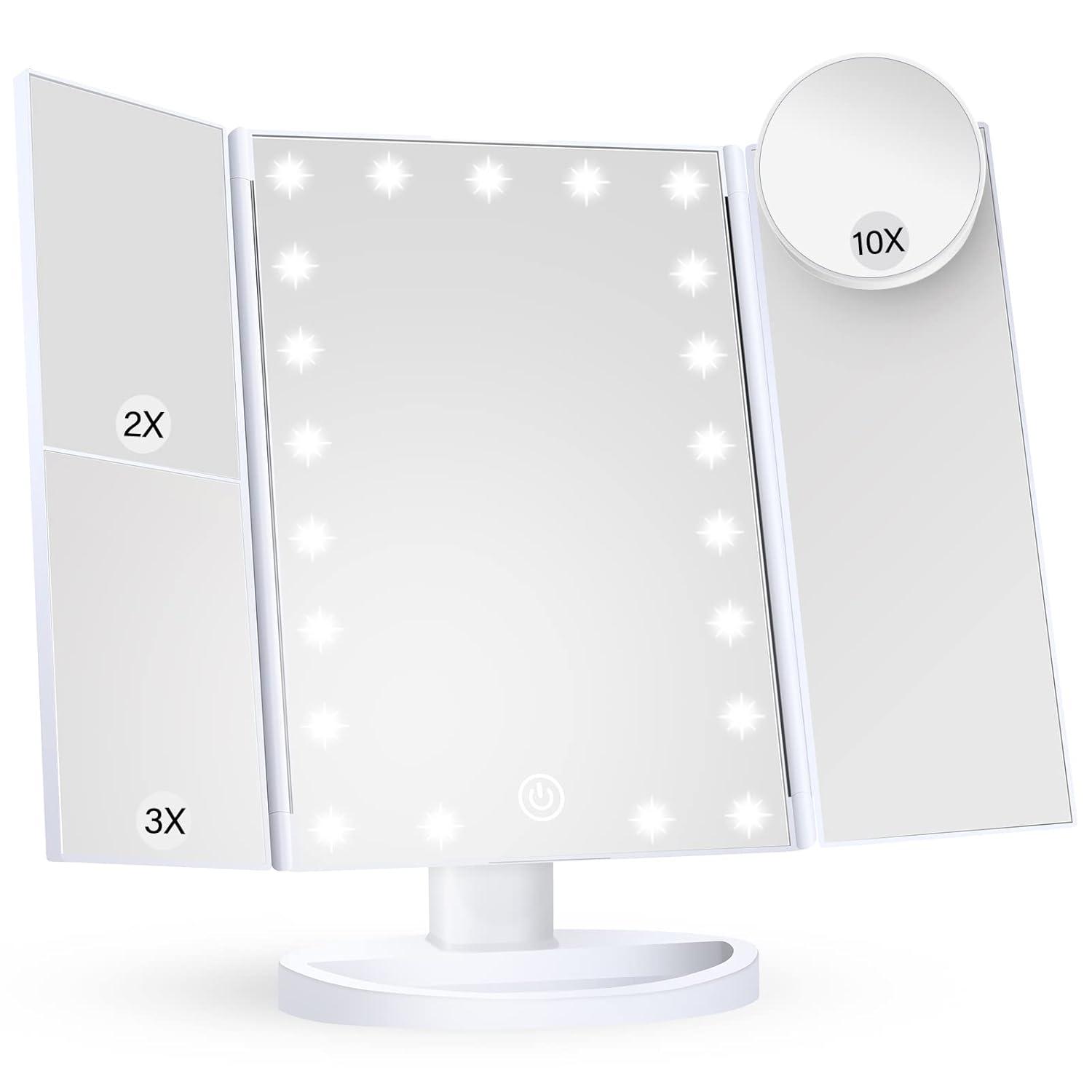 Lustro do makijażu, lusterko kosmetyczne z oświetleniem, powiększenie 2X, 3X, 10X, sterowanie dotykowe, potrójny panel, białe