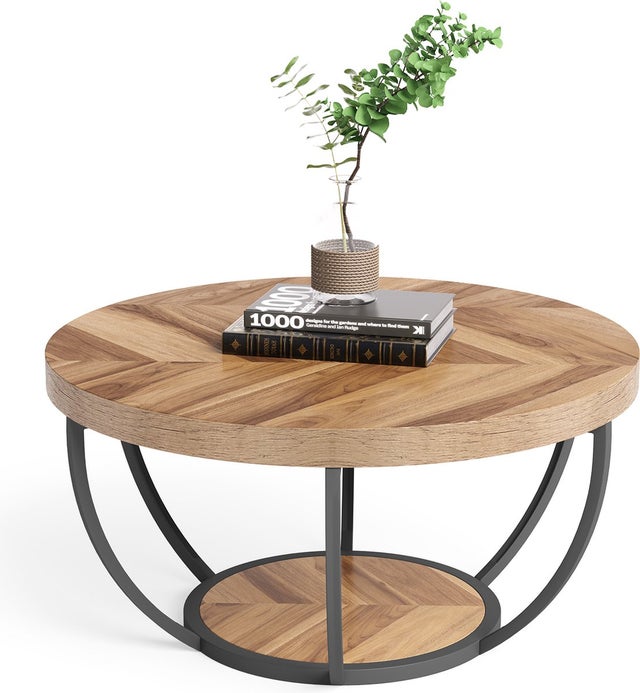 Tribesigns Industrial 2-Tier round Coffee Table , 80*80*45CM, with Storage Shelves for Living Room, Wooden Grain