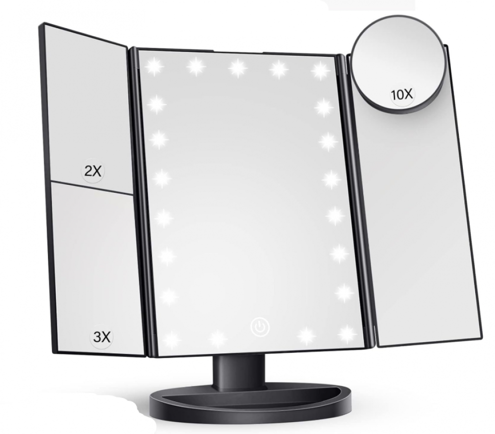 Czarne lusterko do makijażu z 22 diodami LED, lupa o podwójnej mocy 2x/3x, idealne do precyzyjnej aplikacji makijażu