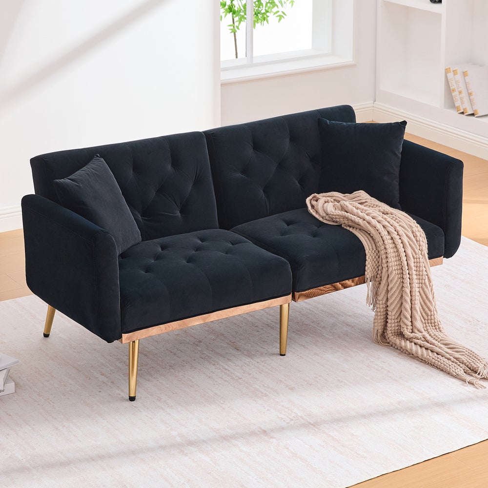 Sofa rozkładana, 2-osobowa, aksamitna, oparcie regulowane w 3 pozycjach, nogi metalowe, czarna