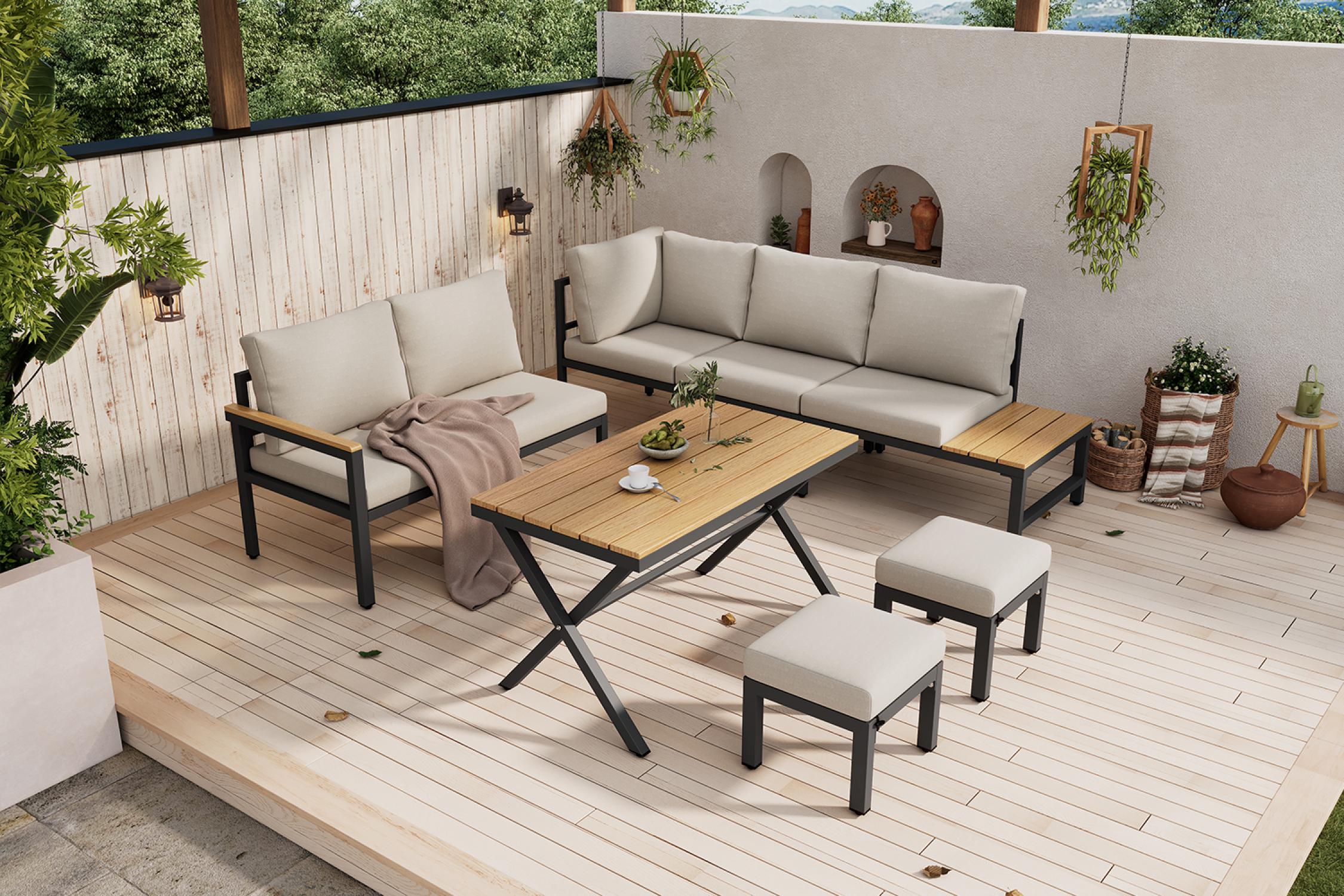Ensemble de Salle à Manger de Jardin 4 Pièces avec Canapé d’Angle, Table et 2 Tabourets – Gris Beige - 3