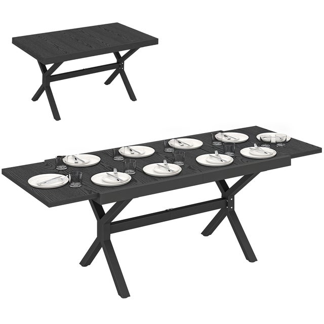 Tavolo da giardino allungabile 154/214 cm per 8-10 persone, realizzato in alluminio e acciaio con piano effetto legno grigio.
