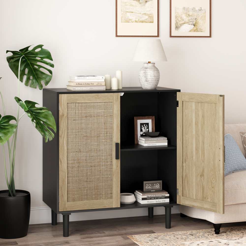 Buffet 2 portes en rotin, 80cm, rangement spacieux, anti-basculement – pour salon, salle à manger, entrée - 2