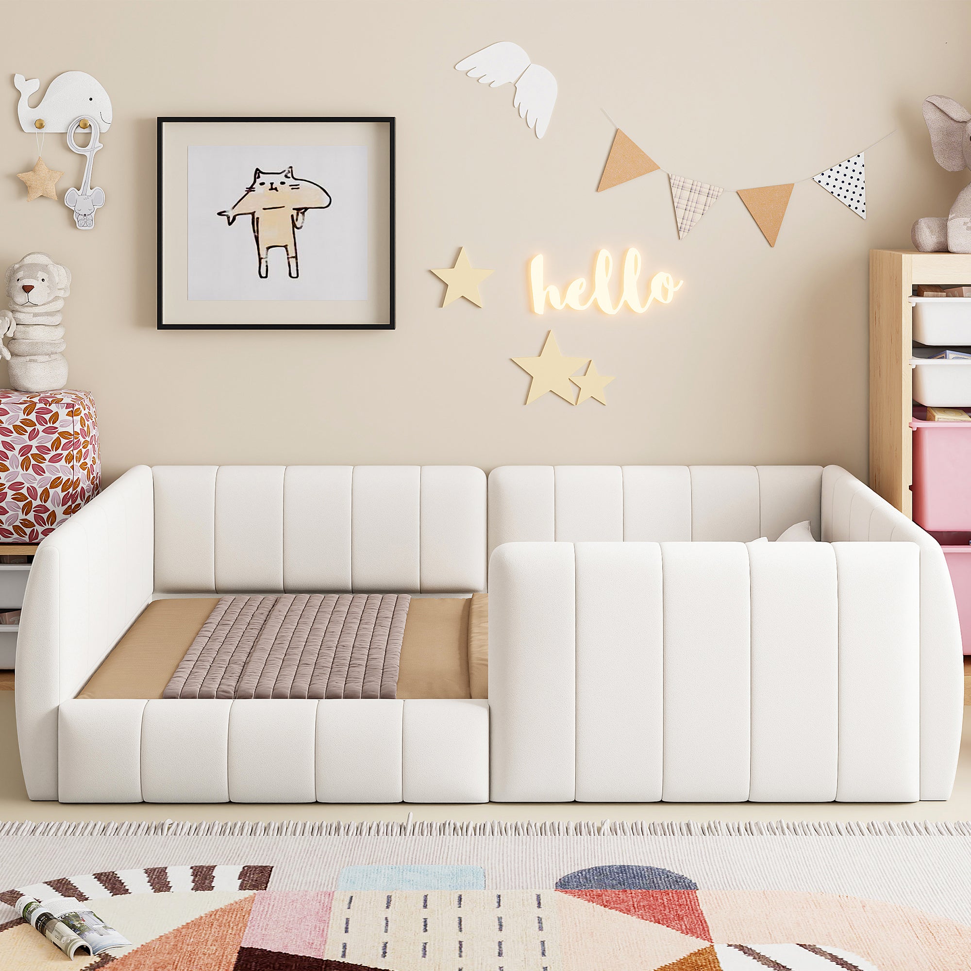 Łóżko tapicerowane 90 x 200 cm z wyściełanym zagłówkiem - rama MDF i tkanina lniana - 12 listew - beżowe - 3