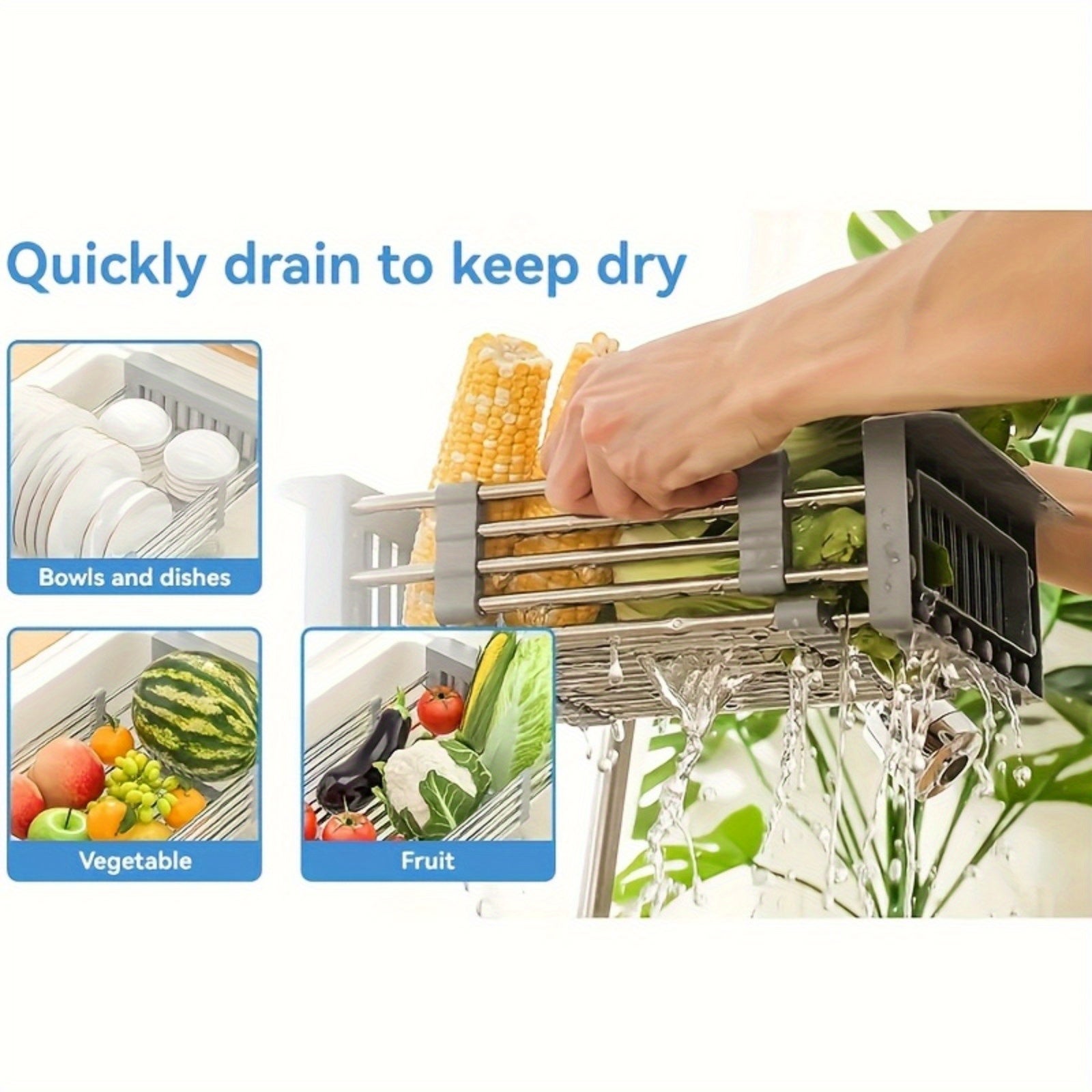 Égouttoir extensible pour évier de cuisine, panier à vaisselle en acier inoxydable, organisateur d'évier gain de place - 9
